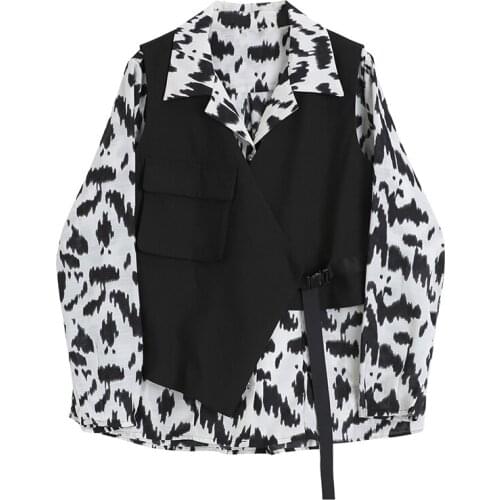 Casual fashion two piece suit womens 2021 spring loose print shirt + lace up short vest long sleeve shirt women buttoned shirt