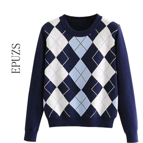 Women sweater pullover autumn diamond-shaped lattice women pullover sweater 2020 ladies chic cute sweater top