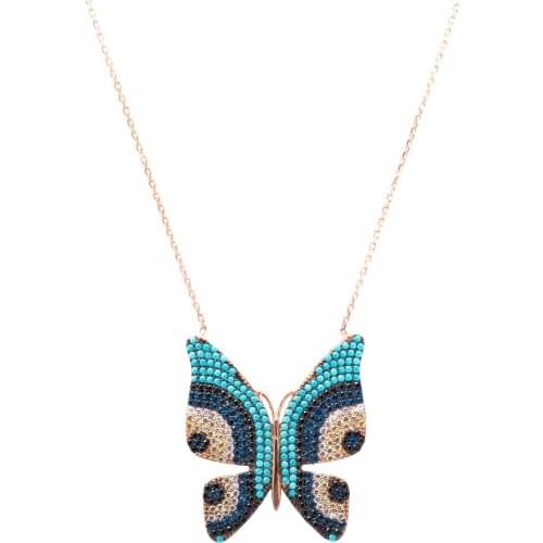 925 Sterling Silver Women Necklace with Turquoise Nano Zircon Stone and Butterfly Design