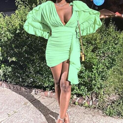 BKLD 2021 Autumn Elegant Fashion Women Birthday Club Outfits Sexy Low Cut Deep V-neck Ruched Butterfly Sleeve Bodycon Mini Dress