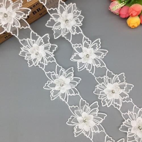 1 Yard White Pearl 3D Flower Embroidered Lace Trim Ribbon Fabric Handmade Wedding Sewing Craft For Costume Hat Shoes Decoration
