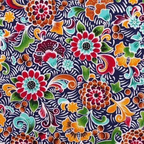 1 Yard Cotton Poplin Fabric for Sewing Patchwork, Dress, Cloth - Flowers on Deep Blue (width=140cm)