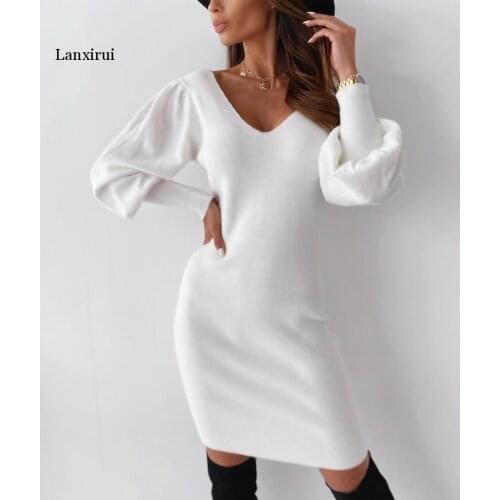 White Dress Winter Womens Clothing Party Dresses For Women Warm Black Open-Back Lace Lantern Sleeve V-Neck Sweater Spring