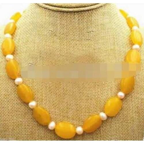 Free Shipping 13x18mm Natural Yellow Jade Oval Gemstone Pink Fresh water Pearl Necklace 18"