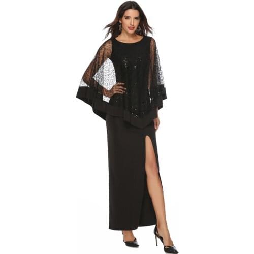 Sequin Stitching High Waist Slim Black Lace Sexy Long Dress Summer O-neck Christening Money Robe Plus Size Bridesmaid