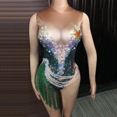 Sparkly Rhinestone Pearl Ocean Style Big Stretch Jumpsuit Female Singer Nightclub Celebrate Performance Stage Wear DJ385