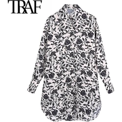 TRAF Women Fashion Floral Printed Side Vents Long Cozy Blouses Vintage Long Sleeve Button-up Female Shirts Chic Tops