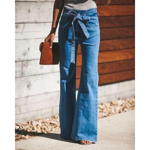 The Latest Ladies Blue Denim Trousers Long Solid Color High-Waisted Wide-Leg Flared Pants Jeans Daily Jeans with Detachable Belt