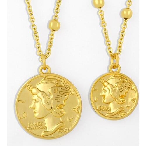 FLOLA Gold Chain Portrait Necklace For Women Round Circle Coin Pendant Necklace CZ Cubic Zirconia Trendy Jewelry Gifts nkes20