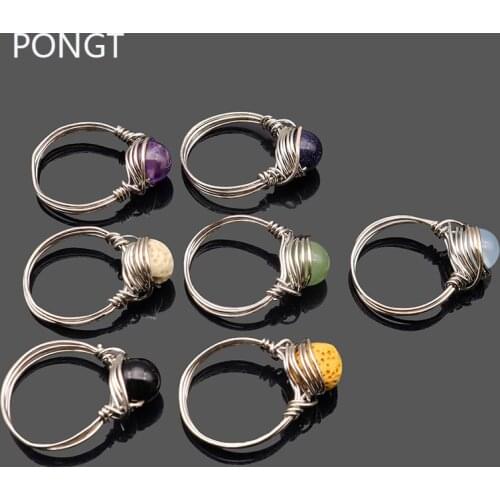 Boho natural stone ring Silver color Wire Wrapped Rings for women Purple stone opal ring Reiki healing Fashion jewelry