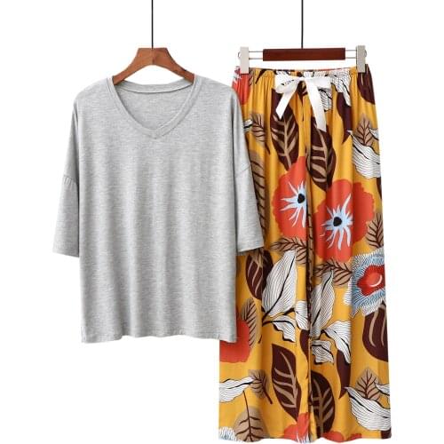 2 Pieces Nightwear Set, Female Solid Color Round Neck Short Sleeve Tops+ Floral Print Pyjama Trousers for Summer Fall