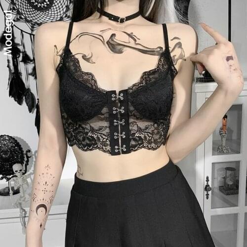 Modegal Womens Sheer Lace Hook Front Adjustable Spaghetti Strap Camisole V Neck Streetwear Lingerie Crop Top