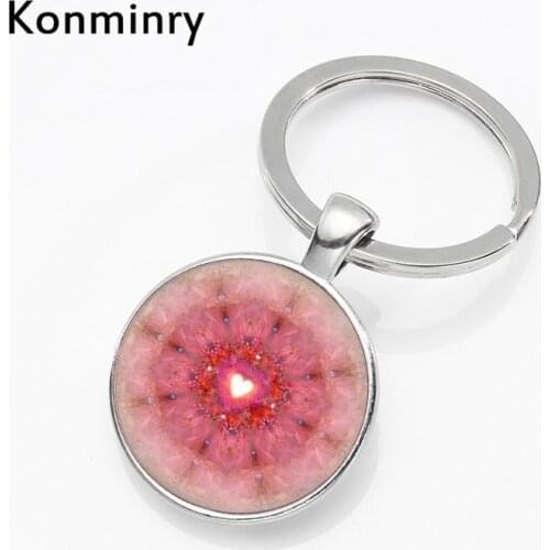 Fashion Pink Blue Mandala Henna Key Chains Holder Glass Pendant Swirl Flower Keychains Keyring Women Men Jewelry Konminry