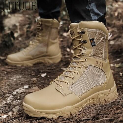 Men Tactical Boots High Top Hiking Shoes Outdoor Anti-collision Zipper Waterproof Army Boots