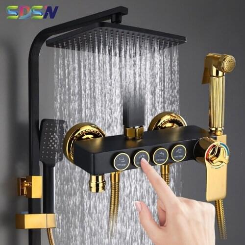 Black Gold Shower Set SDSN Thermostatic Bathroom Shower System Rainfall Shower Head Brass Bathroom Shower Faucet Gold Shower Set