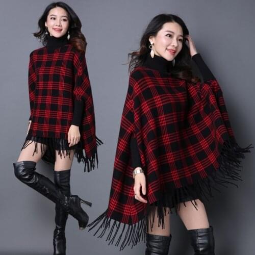 ZJZLL 2021 New WInter Autumn Long High Quality Turtleneck Red Plaid Knitwear Cape Cashmere Plus Size Women Wool Poncho Cloak