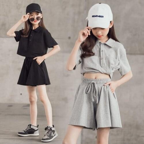 Girls 2021 Summer New Childrens Sports Two-piece Suit Solid Shirt and Shorts Casual Sets Teenagers Children Clothes Sets