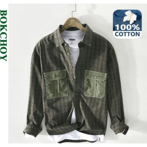 2021 Spring New Men Pure Cotton Plaid Shirts Retro Patchwork Big Pockets Z133