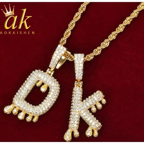 A-Z Small Drip Bubble Letters Pendant Necklaces Charm For Men/Women Gold Color Cubic Zircon Hip Hop Jewelry