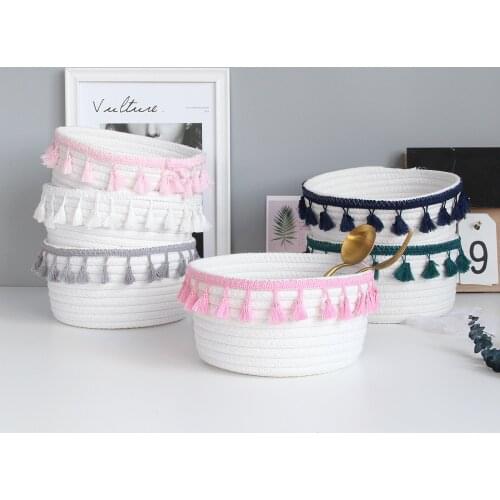Braided Storage Baskets Cotton Woven Basket Tassel Decor Home Desktop Sundries Toiletries Storage Organizer Holder