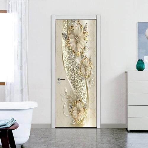 PVC Wallpaper 3D Golden Flower Door Stickers For Kitchen Bedroom Decorating Sliding Glass Door Poster Home Design DIY Wall Decal