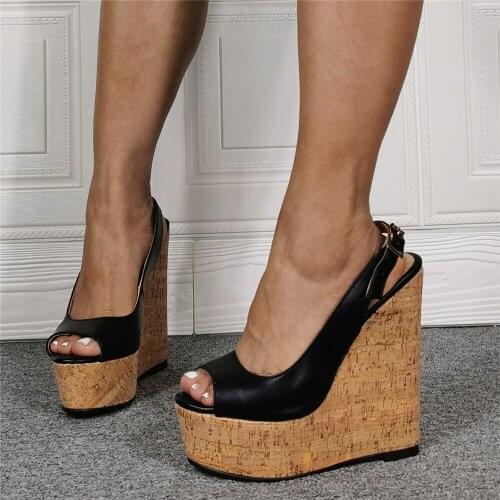 Womens Wedge Sandals Wood High Heels Platform Summer Peep Toe Strap Gladiator Comfortable Women Sandals Big Size 41 42 43 45