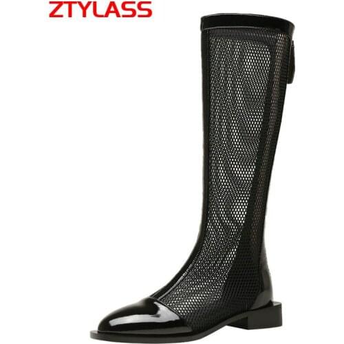2021 New Summer Women Knee High Boots Sexy Hollow Breathable Mesh Boots Women Patent Leather Fashion Zipper Long Boots Low Heel