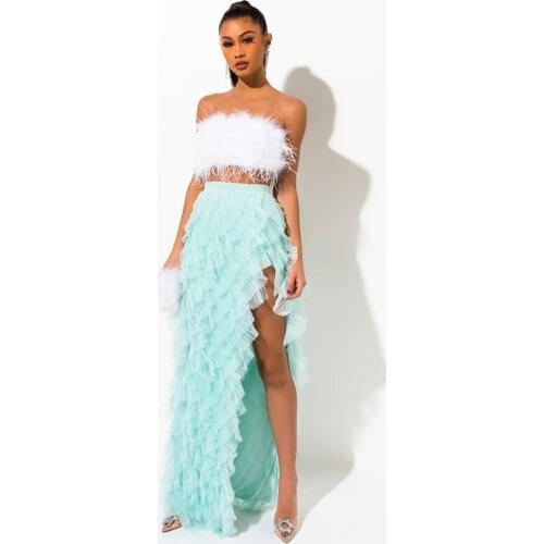 High End Mint Green Sexy Ruffles Tulle Skirts Women High Side Split A-line Long Tulle Skirt To Party Zipper