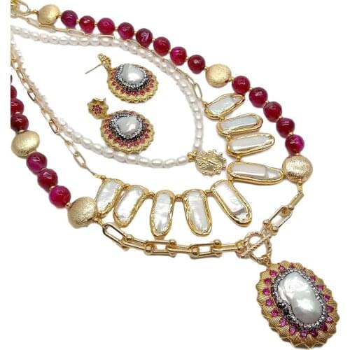YYGEM Red Agate natural White Biwa Rice Freshwater Pearl CZ Pave Keshi Pearl Pendant statement Necklace Earrings Set for women