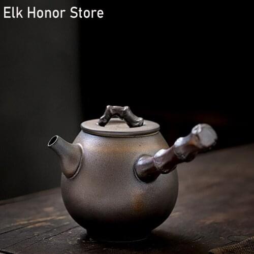 260ml Vintage Coarse Ceramic Side Handled Teapot Handmade Gilding Rust Glazed Household Teakettle Kung Fu Tea Personal Pots Gift
