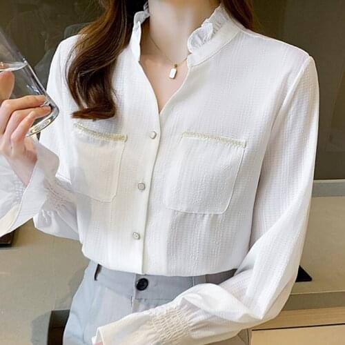 Autumn Women Chiffon White Blouse Shirt Women Tops Long Sleeve V-Neck Blouse Women Blusas Mujer De Moda 2021 Blouses Shirts F169