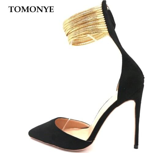 Hot sale pointed toe black suede open in the middle gold ankle straps women lady high heel sandal bootie zip on sale big size
