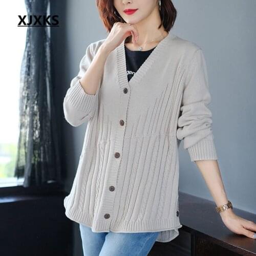 XJXKS 2020 spring new women knitted cardigan fashion V-neck comfortable single-breasted women wool sweater