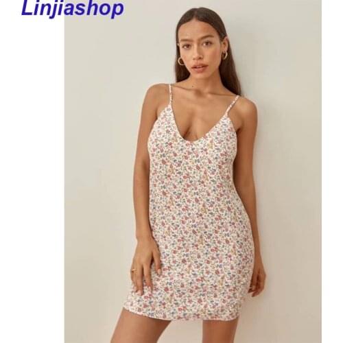 Sexy Women Summer Mini Dress 2021 Korean Party Sleeveless V Neck Floral Print Backless Beach Dress White