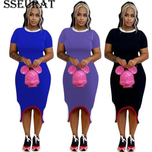 SSEURAT Women Dress Patchwork Short Sleeve O-neck Stretchy Bodycon Midi Dresses Summer Casual Fashion Vestidos