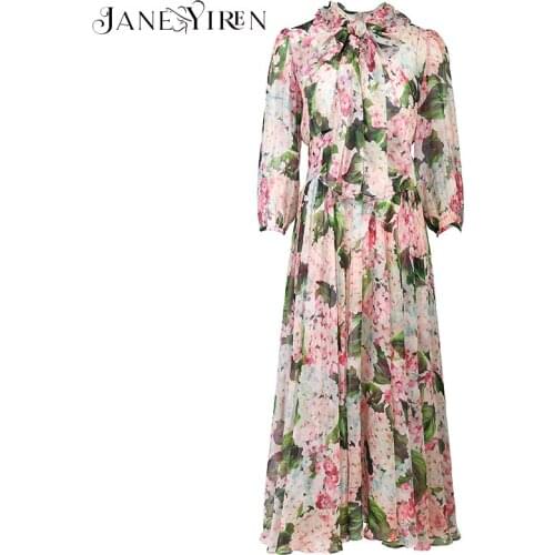 Janeyiren Fashion Runway Summer Chiffon Dress Women Lantern Sleeve Floral print Vintage Ladies Loose Midi Dress