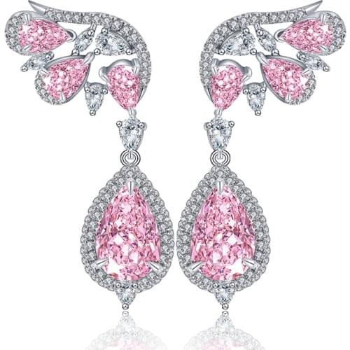3.0ct/2pcs 10*6.5mm Pear Shape Simulated Pink Diamond Jewelry Fashion Earrings In 925 Sterling Silver With Thick Rhodium Plating
