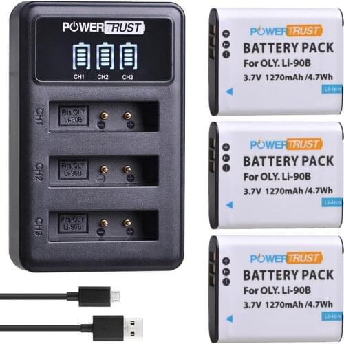 PowerTrust 3Pc Li-90B LI90B LI-92B Battery+LED 3Slots USB Charger for Olympus Tough TG-1 iHS TG-2 iHS TG-3 TG-4 SH50 iHS SH60