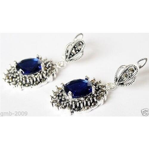 925 Sterling Silver Jewelry Blue Faceted Crystal Marcasite Dangle Earrings