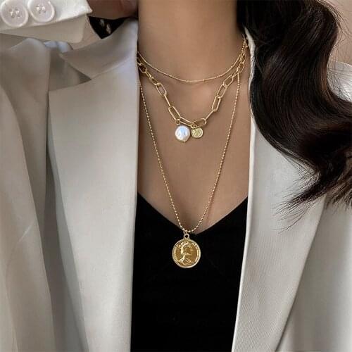 Bohemian Multilayer Pendant Gold Color Chain Necklaces For Women Coin Portrait Head Necklace Chokers Statement Jewelry Gifts
