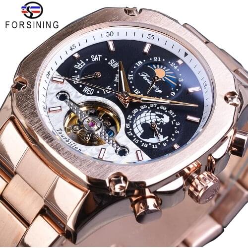 Forsining Brand Mens Mechanical Watches Super Grand Automatic Moonphase Tourbillon Earth Date Rose Gold Steel Belt Watch Relogio