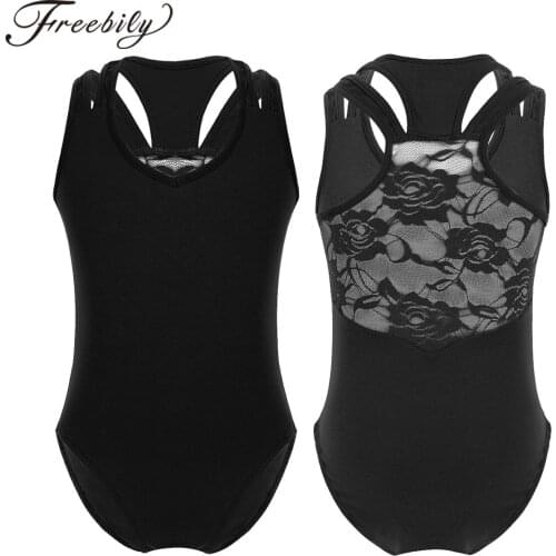 Kids Girls Sleeveless Lace Splice Racer Back Cotton Ballet Gymnastics Leotard Jumpsuit Children Dancewear Gymnastic Bodysuit