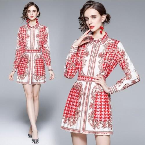 Dropshipping Spring Summer Fall 2pcs Women Casual Set Vintage Print Collar Long Sleeve Top Shirt Blouse Skirt Suits Outfits