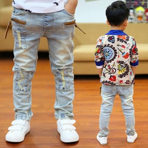 Kids Pants Big Boys Hole Patch Jeans 2021 Spring Children Pencil Leggings Autumn Denim Trousers For 3 to 14 Years Boys