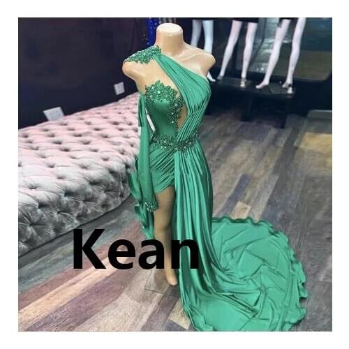 Emerald Green Deep V High Slit Evening Dresses Appliques robe de soiree Evening Gowns Prom Dress Vestidos De Festa