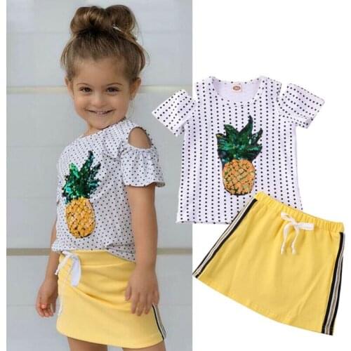 Toddler Kid Baby Girl Off Shulder T-Shirt Pineapple Print Top Summer Mini Elastic Skirt 2Pcs Outfit Clothes