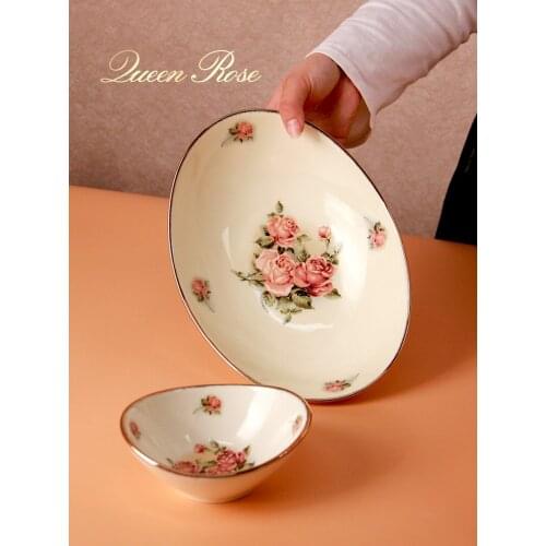 Ceramic fish plate deep plate gilt edged tableware bowl Rose printing