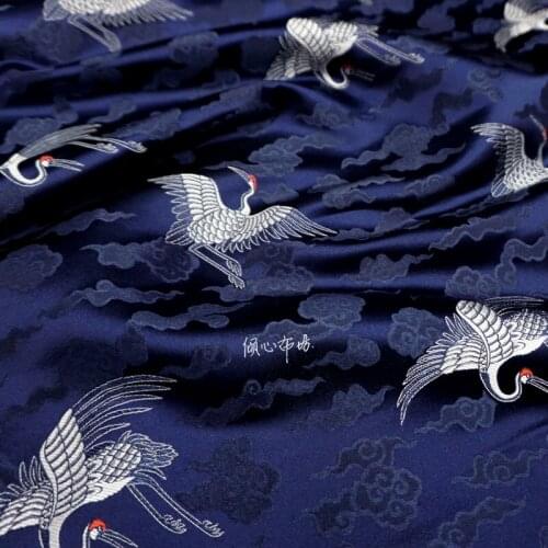 Chinese Classics Brocade jacquard Tibetan Blue Crane Satin silk fabric Satin de soie Satén шелк hanfu cloth DIY patchwork bag
