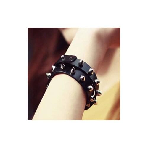 COLEMJIE hiphop punk rock spikes rivets leather bracelet & bangles for men women black leather rivets bracelet fashion jewelry