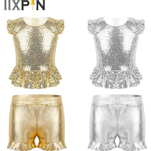 Jazz Dance Costume Hip Hop Clothing for Girls Boys Kids Flutter Sleeves Top Shorts Ballroom Dancing Streetwear Christmas Clothes